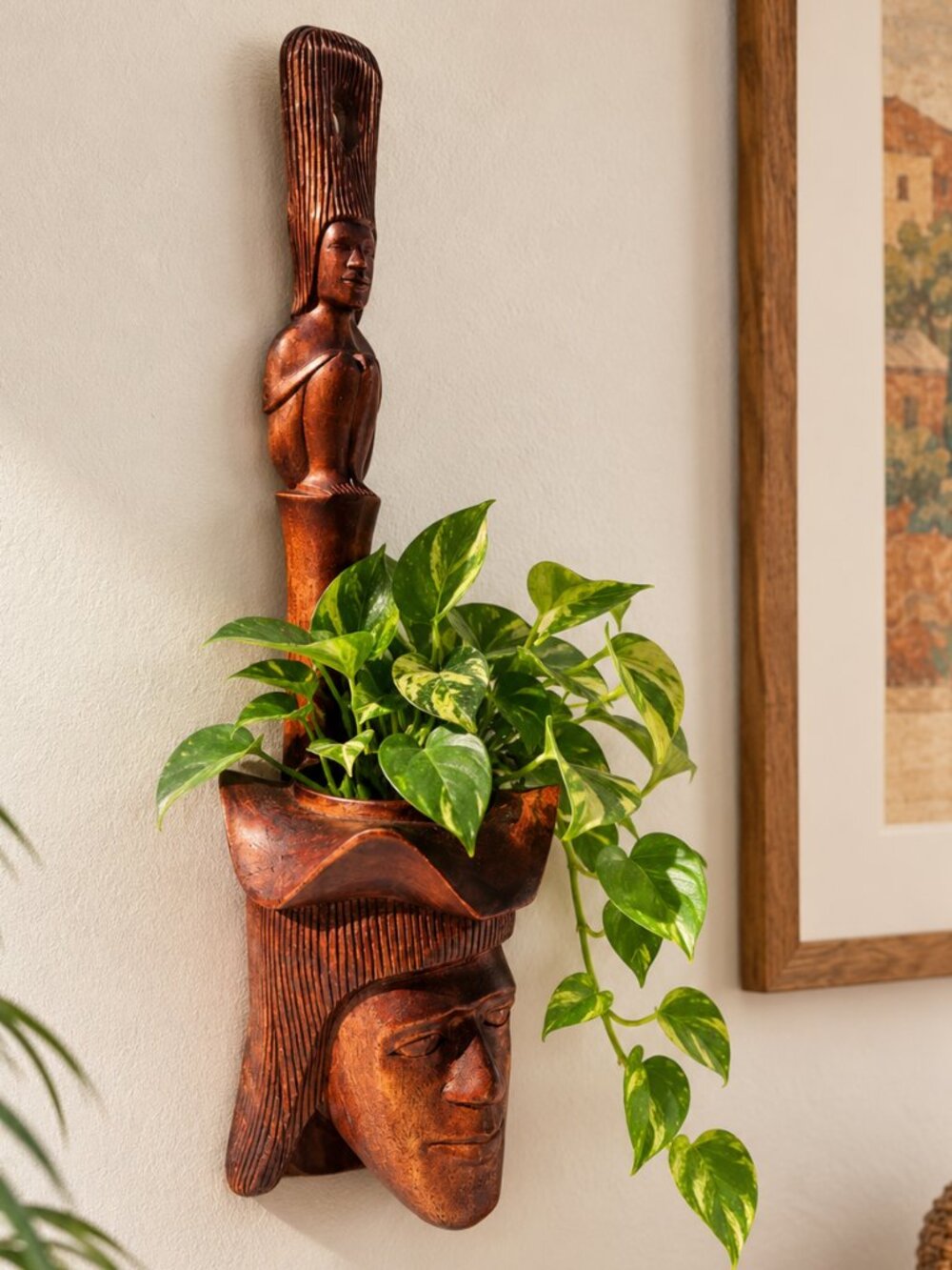 Large Vintage Hand-Carved Wooden Tribal Offering Bowl Water Dipper Planter Wall